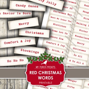 Rood, Kerstmis, woorden, junk journal, december dagelijks, label, kerstman, cadeaulabel, versiering, mijn veranda prints, afdrukbaar, digitale download
