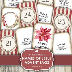 Christmas, Tags, Advent, Names of Jesus, Calendar, Junk Journal, December Daily, Countdown, Number, My Porch Prints, Digital, Download