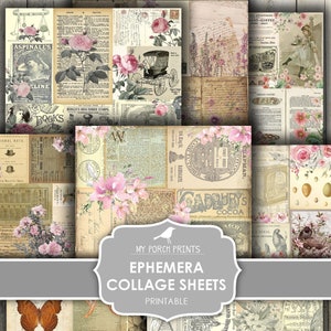 Junk Journal, Papers, Ephemera, Collagebladen, Afdrukbaar papier, Boho, A4, Shabby, Bloemen, Digitale Kit, Mijn Veranda Prints, Vintage, Download
