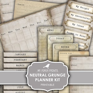Junk Journal, Planner, Kit, Neutral, Grunge, Calendar, Bullet Journal, Add On, My Porch Prints, Printable, Paper, Ephemera, Digital Download