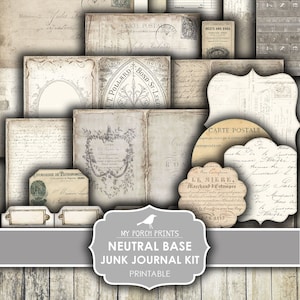 May include: A printable junk journal kit with a neutral color scheme. The kit includes various vintage-style papers, envelopes, and cards with French text. The kit is perfect for creating a unique and personalized journal.