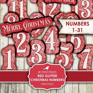 Junk Journal, Red, Christmas, Advent, Numbers, Glitter, 1-31, Tags, December Daily, Countdown, My Porch Prints, Printable Stickers Download