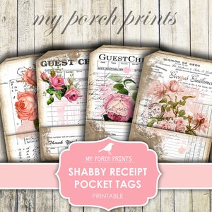 Ricevuta squallida, etichette tascabili, busta carica, kit diario spazzatura, effimeri stampabili, assegno ospite, rosa, carta, stampe My Porch, download