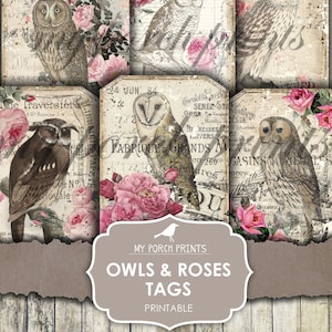 Uilen, rozen, tags, ongewenste dagboek, kortstondige, My veranda wordt afgedrukt, versiering, gastencheque, afdrukbare, papier, kit, digitaal, vintage, download