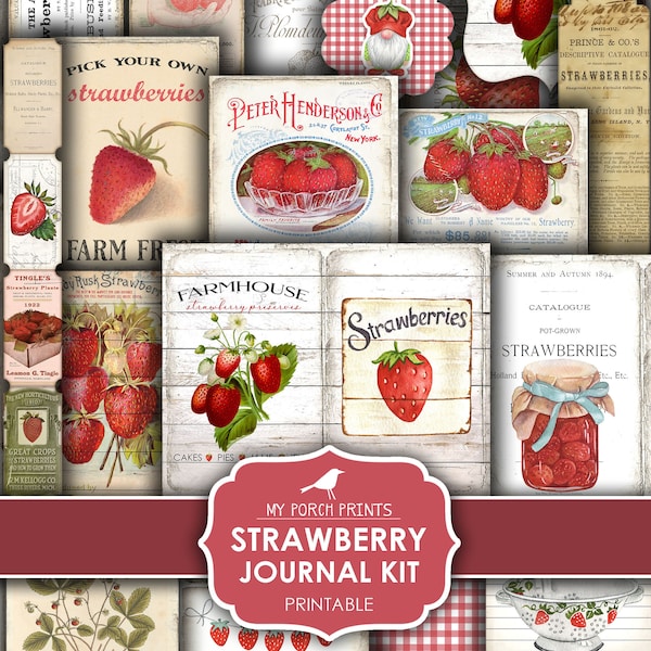 Strawberry Junk Journal Kit, Red, Strawberries, Recipe Book, Fruit, Summer, Grandma's Kitchen, My Porch Prints, Digital Download, Printable