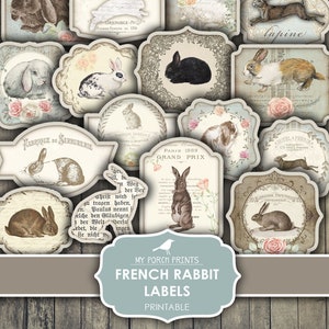 Labels, French Rabbit, Junk Journal, Shabby, Bunny, Easter, Bunnies, Scrapbook, Stickers, Tag, My Porch Prints, Printable, Digital, Download