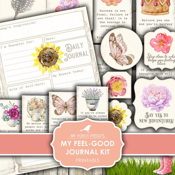 My Feel Good Junk Journal Kit, Gift Idea Anti Anxiety, Depression, Self Care, Little Girl Teen, My Porch Prints, Printable, Digital Download