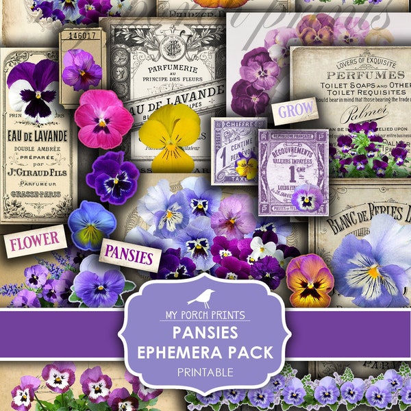 Pansies Ephemera Pack, Junk Journal, Pansy, Purple, Violet, My Porch Prints, Mother's Day, Spring, Craft Kit, Digital Download, Printable