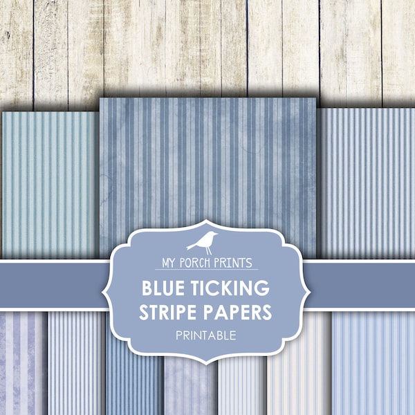 Junk Journal, Ticking Stripe, Papers, Blue, Printable, Ephemera, My Porch Prints, Farmhouse, Stripes, Scrapbook, Craft, Digital, Download