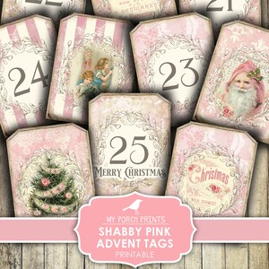 Kerstmis, Tags, Advent, Shabby, Roze, Junk Journal, December Daily, Aftellen, Getal, My Porch Prints, Kerstman, Kalender, Digitaal, Downloaden