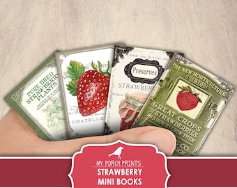 Strawberry Mini Books, Junk Journal, Miniature, Fruit, Summer, Kitchen, Cottagecore, Red, Book, My Porch Prints, Printable, Digital Download