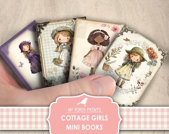 May include: Four printable mini books featuring cottagecore girls with floral details. Each book cover features a different girl with a unique outfit and hairstyle. The text on the image reads "My Porch Prints Cottage Girls Mini Books Printable".
