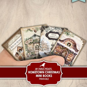 Mini livres de Noël de la ville natale, Junk Journal, Boutiques, Miniature, Cottage, Village, Père Noël, Livre, My Porch Prints, Imprimable, Téléchargement numérique
