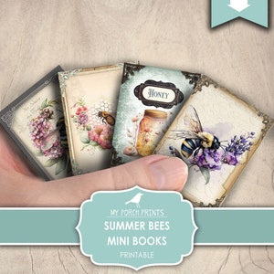 Mini libri, Estate, Api, Diario spazzatura, Miele, Fiori, Apicoltore, Miniatura, Libro, Vasi, Ape, Il mio portico Stampe, Stampabile, Download digitale