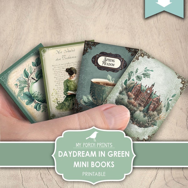 Mini Books, Daydream in Green, Junk Journal, Miniature, Green, Victorian, Book, Cottagecore, My Porch Prints, Printable, Digital Download