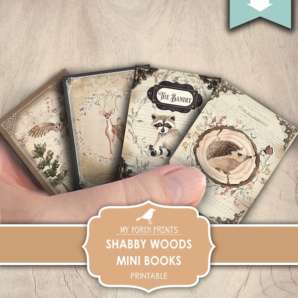 Mini Books, Shabby, Woods, Junk Journal, Woodland, Miniature, Animal, Forest, Fairy Tale, Book, My Porch Prints, Printable, Digital Download