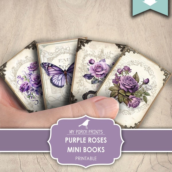 Mini Books, Purple Roses, Junk Journal, Lavender, Victorian, Butterflies, Miniature, Book, My Porch Prints, Printable, Digital Download