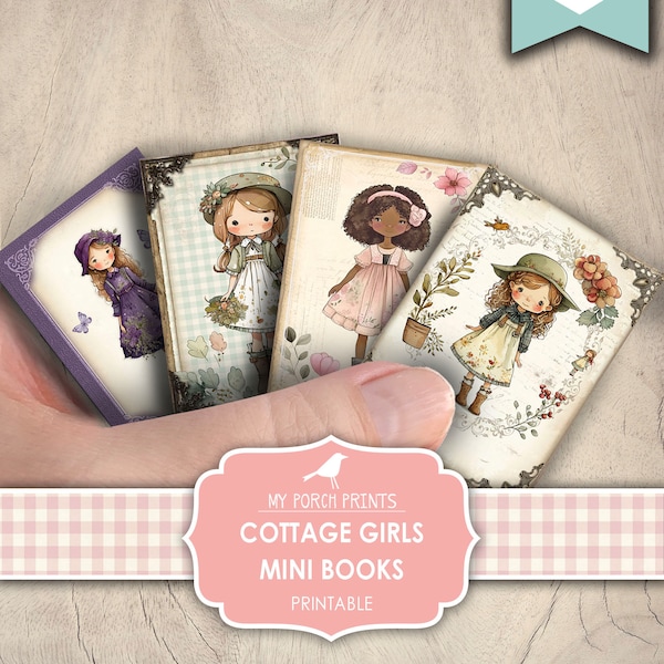 Mini Books, Cottage Girls, Shabby, Children, Country, Little Girl, Junk Journal, Miniature, My Porch Prints, Printable, Digital Download