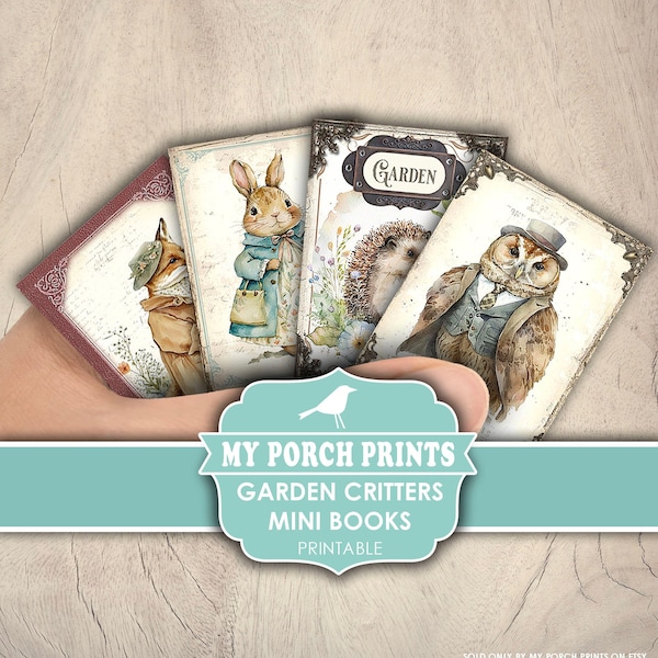 Garden Critters Mini Books, Junk Journal, Miniature, Woodland, Animals, Spring, Easter, Book, My Porch Prints, Printable, Digital Download