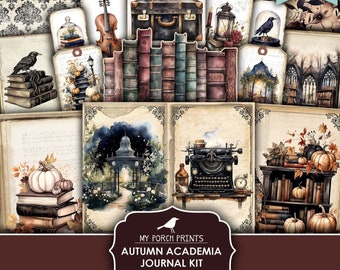 Könnte beinhalten: Druckbarer digitaler Journal-Kit mit Herbst-Akademie-Thema. Das Kit enthält Bilder von Büchern, Kürbissen, einer Schreibmaschine, einer Laterne, einem Vogel und einem Vintage-Koffer. Das Kit enthält auch gemusterte Papiere in verschiedenen Farben und Designs.