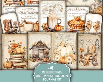 May include: A printable journal kit with an autumn theme. The kit includes images of pumpkins, books, coffee, a cosy armchair, and a small house. The text "My Porch Prints Autumn Afternoon Journal Kit Printable" is displayed on a teal banner.