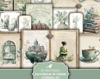 Junk Journal, Daydream in Green, Library, Books, Cottagecore, Sage, St. Patrick's Day, Home, My Porch Prints, Printable, Digital Download