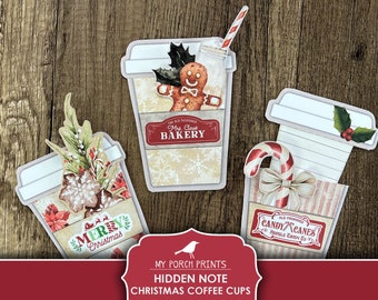 Christmas Hidden Note Coffee Cups for Gift Card Holder, Junk Journal To From Tags Ornament  Printable, My Porch Prints, Digital Download