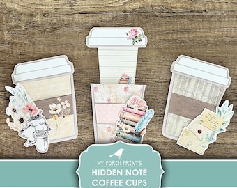 May include: Printable coffee cup note cards with a vintage floral and book theme. The cards feature a hidden note section inside the cup. The text on the card reads "My Porch Prints Hidden Note Coffee Cups Printable".