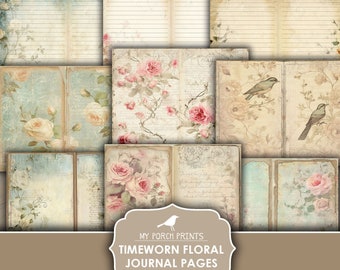 Junk Journal, Pages, Timeworn, Floral, Shabby, Pink, Blue, Papers, Kit, Lined, Roses, Flowers, My Porch Prints, Printable, Digital Download