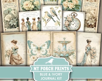 Blauw en ivoor Junk Journal Kit, Neutraal, Victoriaans, Teal, Ephemera, Floral Turquoise, Vintage, My Porch Prints, Afdrukbaar, Digitale Download