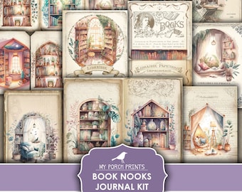 May include: A collection of vintage-style digital journal kit images. The illustrations feature cozy book nooks, bookshelves, and reading scenes with botanical elements. The images have a soft, watercolor aesthetic with the text "DIGITAL DOWNLOAD YOU PRINT" and "MY PORCH PRINTS BOOK NOOKS JOURNAL KIT PRINTABLE".