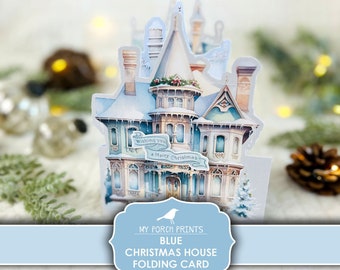 Blue Christmas House Folding Card, Junk Journal, Insert, Kit, 3D, Craft, Holiday, Gift, Cricut, Printable, My Porch Prints, Digital Download