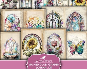 Junk Journal, Kit, Stained Glass, Garden, Colorful, Window, Sunflower, Papers, Flowers, Book, My Porch Prints, Printable, Digital Download