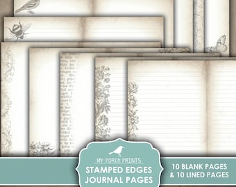 Junk Journal, Stamped Edges, Journal Pages, Plain, Blank, Lined, Ruled, Vintage, Neutral, My Porch Prints, Printable, Digital Download