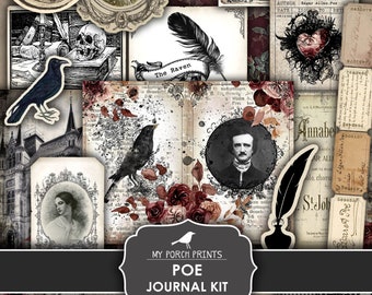 Junk Journal, Kit, Edgar Allan Poe, The Raven, Halloween, Gothic, Fall, Victorian, Black, Red, My Porch Prints, Digital Download, Printable