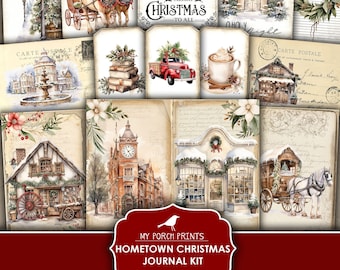 Hometown Christmas Junk Journal Kit, Décembre, Quotidien, Rouge, Vert, Village, Magasins, Traditionnel, My Porch Prints, Imprimable, Téléchargement numérique,