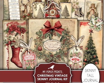 Christmas Vintage Skinny Junk Journal Kit, Tall, Victorian, Holiday, Winter, Traditional, Red, My Porch Prints, Printable, Digital Download