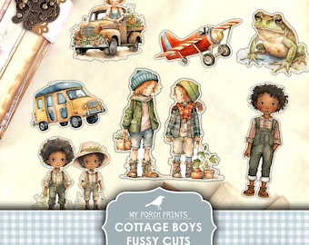 Junk Journal, Cottage Boys, Coupes difficiles, Bleu, Pays, Enfants, Cricut, Planificateur, Autocollants, Imprimable, Mes tirages de porche, Téléchargement numérique