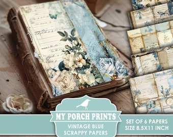 Vintage blaue Scrappy-Papiere, Junk Journal, Seiten, floral, Vintage, schäbig, Rückseite, Basteln, My Porch-Drucke, druckbar, digitaler Download