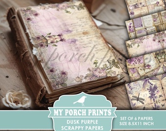 Dusk Purple Scrappy Papers, Junk Journal, Pages, Floral, Vintage, Shabby, Backing, Collage, My Porch Prints, Printable, Digital Download