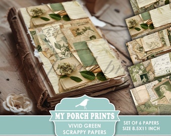 Lebendige grüne Scrappy Papiere, Junk Journal, Seiten, Floral, Vintage, Shabby, Backing, Botanisch, My Porch Prints, druckbar, Digitaler Download