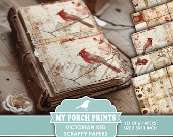 Victorian Red Scrappy Papers, Junk Journal, Pages, Floral, Vintage, Shabby, Backing, Collage, My Porch Prints, Printable, Digital Download
