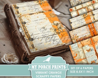 Vibrant Orange Scrappy Papers, Junk Journal, Pages, Floral, Vintage, Shabby, Backing, Collage, My Porch Prints, Printable, Digital Download