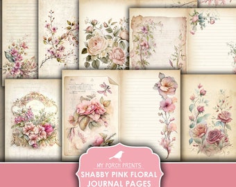 Junk Journal, Pages, Shabby, Pink, Floral, Papers, Kit, Lined, Illustrated, Roses, Flowers, My Porch Prints, Printable, Digital Download