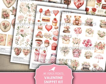 May include: A printable Valentine's Day digital paper pack with watercolor illustrations of hearts, roses, bears, cupcakes, and other romantic imagery. The text "My Porch Prints Valentine Snippet Kit Printable" is at the bottom of the image.