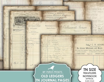 May include: A collection of printable vintage ledger pages, perfect for scrapbooking, journaling, or crafting. The pages feature old-fashioned handwriting and faded ink, giving them a rustic and antique look. The pages are designed to be printed on standard 8.5 x 11 inch paper and then cut down to the size of a traveler's notebook, which is approximately 4.25 x 8.5 inches.