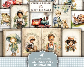 Junk Journal, Cottage Boys, Kit, Shabby, Children, Country, Cute, Little Boy, Grandson, Blue, My Porch Prints, Printable, Digital Download