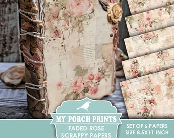 Faded Rose Scrappy Papers, Junk Journal Pages, Floral, Vintage, Shabby, Backing, Paper, Pink, My Porch Prints, Printable, Digital Download