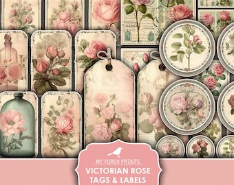 Junk Journal, Victorian, Rose, Tags, and, Labels, Shabby, Pink, Cricut, Planner, Sticker, Printable, My Porch Prints, Digital Download