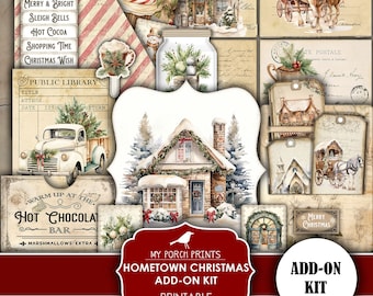 May include: Printable digital paper pack with a Christmas theme. The pack includes images of a snowy cottage, a hot chocolate bar, a Christmas tree, a sleigh, a horse-drawn carriage, and a public library. The images are in a vintage style with a red, white, and green color scheme.